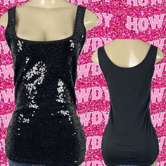 Old Navy L Black Sequin Front Scoop Neckline Cotton Blend Tank Top - Picture 1 of 6